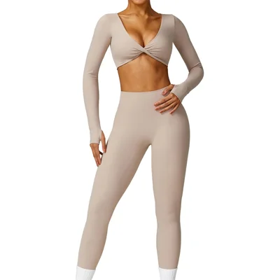 8552 Women Yoga Outfits Set Seamless Leggings+Long Sleeve Crop Top - Flaxen / S