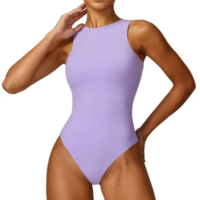 8577 Solid Color Slim Fit Yoga Jumpsuit Dance Fitness Clothing Women Jumpsuit - Purple L