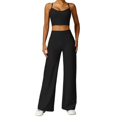 TZ8526 2Pcs / Set Ribbed Women Sports Vest Backless Yoga Crop Top + Wide Leg Pants - Black / S