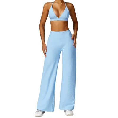 TZ8526 2Pcs / Set Sexy Women Ribbed Backless Padded Yoga Bra + Wide Leg Pants - Cream Blue / M