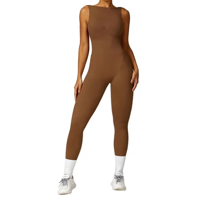 7448 Women Yoga Jumpsuits Sleeveless Backless Tops Padded One Piece Sport Jumpsuits - Brown / S