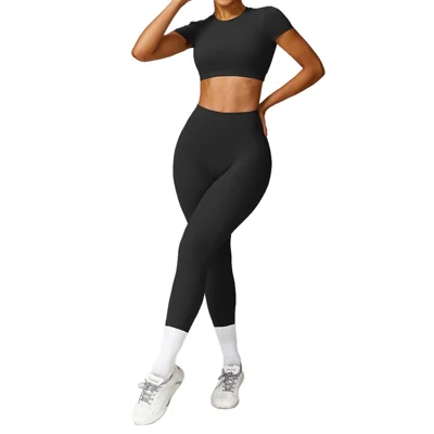 8536 2Pcs / Set Women Yoga Sets Short Sleeve Backless Crop Tops Seamless Leggings Gym Sets - Black / M