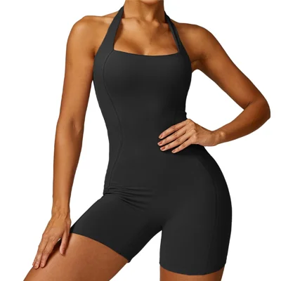 8536 Yoga Bodysuit Halter Women Rompers Sleeveless Short Jumpsuits Padded Seamless Jumpsuit - Black / S