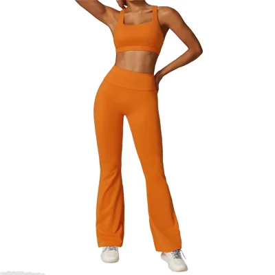 8047 Women Cross Back Sports Bra + Flared Trousers Breathable Running Yoga Sportswear Set - Orange S