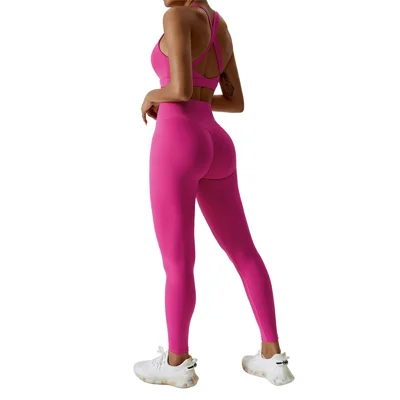 8047 Running Yoga Fitness Bra Crop Top + Long Pants Slim Fit Women Sportswear Set - Rose S