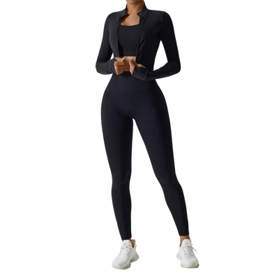 8047 Women’S Workout Sets Long-Sleeved Top+Sports Bra+High Waist Long Pants Slim Yoga Clothing Set - Black / S
