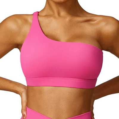 8578 Fitness Single Shoulder Women Sexy Sports Bra Backless Padded Yoga Bra - Rose / S