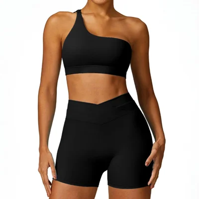 8578 2Pcs / Set Single Shoulder Women Sports Bra Backless Padded Yoga Bra + Shorts - Black / S