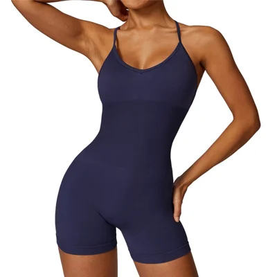 7384 Solid Color Slim Fit Yoga Jumpsuit Hollow Back Fitness Clothing Women Jumpsuit - Blue Gray M