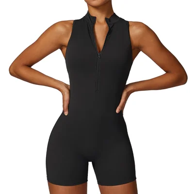 8594 Women Seamless Sexy Backless Tummy Control Jumpsuits Scrunch Butt Sleeveless Yoga Rompers - Black / S