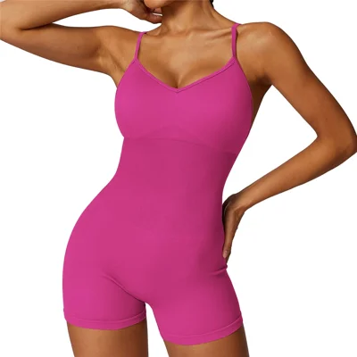7498 Solid Color Slim Fit Yoga Fitness Jumpsuit Highly Elastic Sleeveless Women Jumpsuit - Rose M
