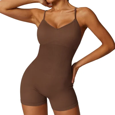 7498 Solid Color Slim Fit Yoga Fitness Jumpsuit Highly Elastic Sleeveless Women Jumpsuit - Coffee S