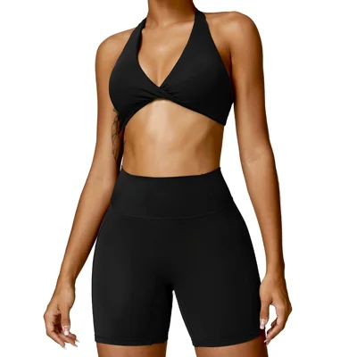 8053 Slim Fit Sports Bra + Shorts Stylish Running Yoga Fitness Women Sportswear Set - Black S
