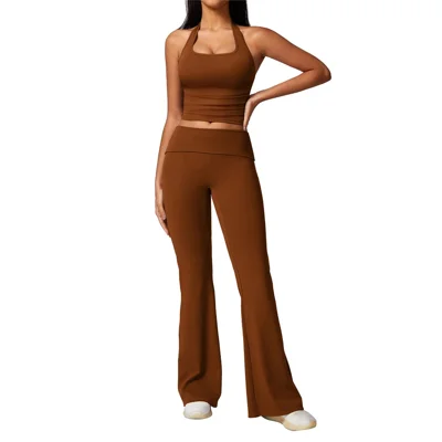 8713 Women Sexy Halter Backless Yoga Vest Fitness High Waist Flared Pants Set - Brown M