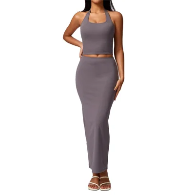 8713 Yoga Longline Bra Maxi Skirt Fitness Long Skirt Set for Workout - Grey / S