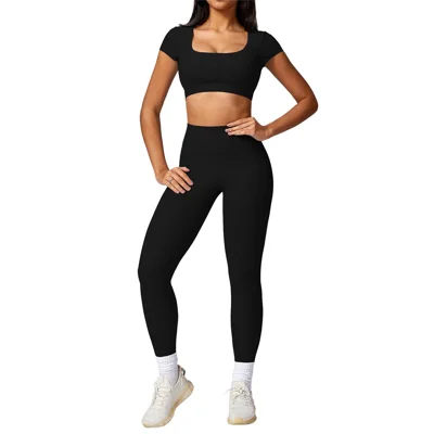 8053 Sports Crop Tops Short Sleeve T-Shirts+Yoga Leggings - Black / M