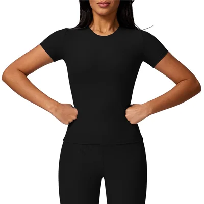 2Pcs / Set Women Solid Color Sports Short Sleeve T-Shirt + Yoga Tights Workout Suit - Black M