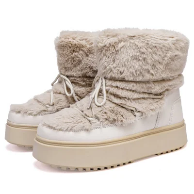 Women's Snow Boots 3.7cm Heel Space PU Upper Faux Rabbit Fur TPR Lace-Up Winter Boots for Winter Outdoor - 36