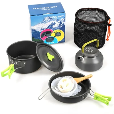 HALIN DS-308 Portable Frying Pan Tea Pot Hard Alumina Camping Cookware Set for 2-3 People (No FDA, BPA-Free) - Green