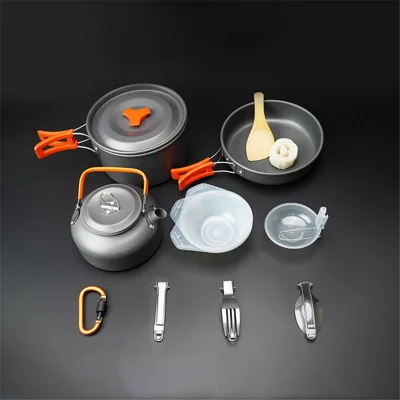 AOTU AT6384-2 Portable Handle Pan Outdoor Camping Picnic Pot Cookware Set for 2-3 People (No FDA, BPA-Free) - Orange