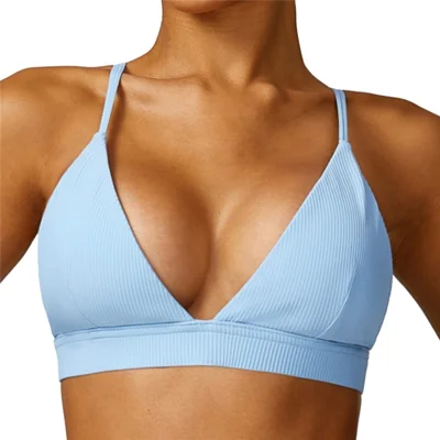 8526 Spaghetti Straps Women Sports Bra Ribbed Backless Padded Yoga Bra - Cream Blue / S