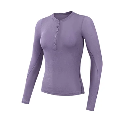 GOLOVEJOY JDY09 Women Sports Top for Yoga Running Slim Fit Moisture Wicking Long Sleeve Bottom Shirt with Buttons - Purple S