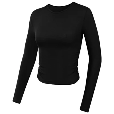 GOLOVEJOY YJ07 For Women Long Sleeve Yoga Top Pleated Design Quick Dry Sports Bottom Shirt - Black S