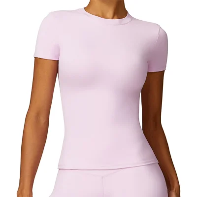8455 Quick-drying Yoga Short Sleeve T-shirt Women Fitness Running Outdoor Sports Top - Pink S
