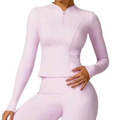 8455 Zipper Design Long Sleeve Sports T-shirt Quick-drying Women Fitness Yoga Top - Pink S