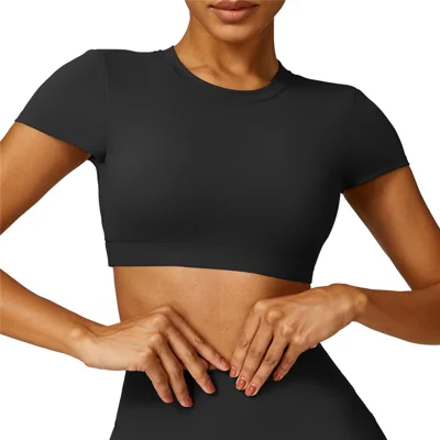 8536 Yoga Crop Tops Short Sleeve Round Neck Backless T-Shirts Slim Fit Padded Tops Yoga Tank - Black / S