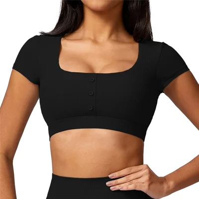 8616 Buttons Decor U Neck Short Sleeve Women Slim Fit Crop Top for Yoga Running - Black S