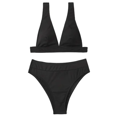 Size M Women Bikini Set Ribbed Swimwear Deep V Neck Two Piece Swimsuit High Waist Bathing Suits - Black