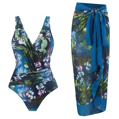 Size L Women One Piece Swimsuit with Cover-Up Wrap Skirt Tummy Control Chiffon Skirt Swimwear - Navy Blue