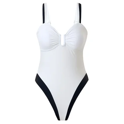 Y1153 Women Two-Tone One-Piece Swimsuit Tummy Control V-Neck Slimming Swimwear, XL Size - White