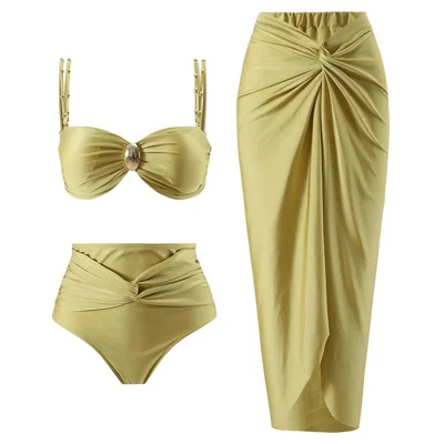 Y348 3 Piece High Waist Bikini Set Padded Bra + Bottom + Skirt Women Swimsuit, S Size - Yellow