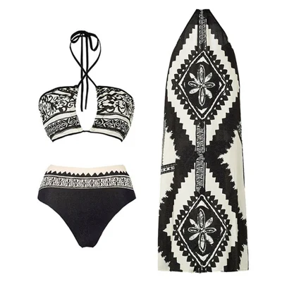 Y357 Retro Print Bikini Swimsuit 3-Piece Swimwear For Women European Style Beach Vacation Swimwear - Black  /  L