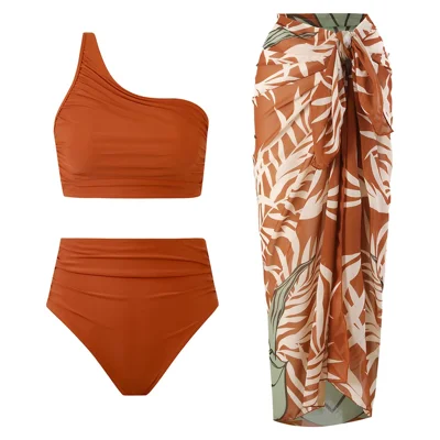 Y1009 Bikini Swimsuit High Waist 3-Piece Bathing Suit for Women Solid Color Swimwear Set Beach Wear - Brown  /  M