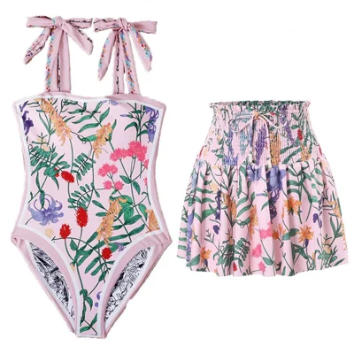 Y17 Women Stylish Two-Sided Pattern Swimsuit with Skirt Conservative Swimwear Set, XL Size - Pink