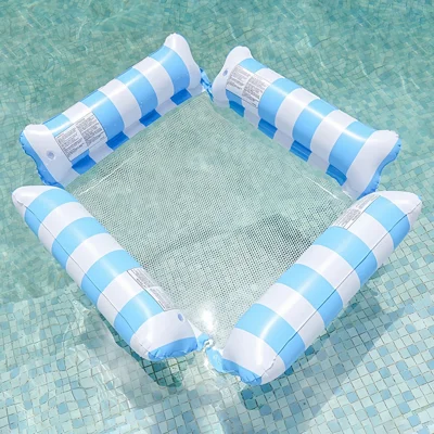 Inflatable Floating Lounger Foldable Backrest Stripe Water Hammock For Adults Pool Float 4 Tube Design - Baby Blue