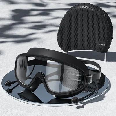 RESHEIR Anti Fog Large Frame Adult Swim Goggles with Storage Case and Silicone Swim Cap Set - Black
