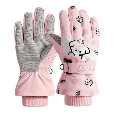 DRST44 1 Pair Cartoon Pattern Ski Gloves for Kids Winter Fleece Lined Windproof Cycling Mittens - Pink / S