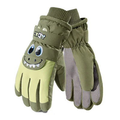 DRST42 Children Winter Cycling Ski Gloves Thickened Plush Lining Windproof Waterproof Warm Mittens - Green