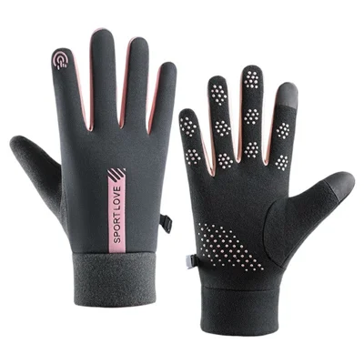 1 par de guantes de invierno unisex, guantes térmicos de felpa impermeables con pantalla táctil para deportes al aire libre - Mujer / Gris + Rosa