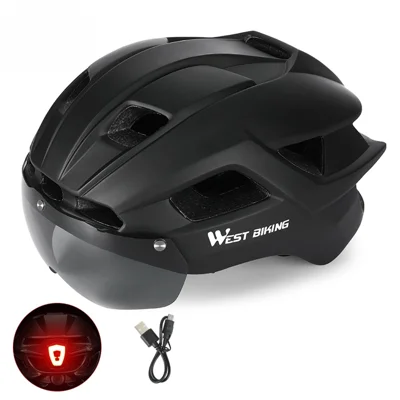 Casque de sécurité cycliste WEST BIKING Outdoor Motorcycle Bicycle Removable Taillight Helmet Lens Visor Goggles - Noir