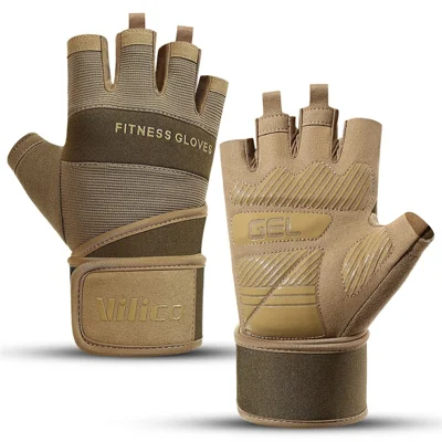 VILICO A0146 Fitness Half Finger Gloves Extended Wrist Strap Anti Slip Weightlifting Dumbbell Training Gloves - Brown / M