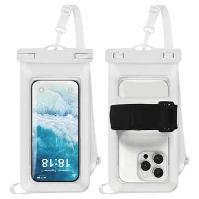 2 in 1 Waterproof Phone Pouch with Adjustable Lanyard  /  Armband for Below 7.2 Inch Cellphones IPX8 Water Resistant Bag - White