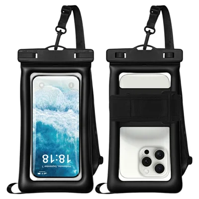 IPX8 Waterproof Phone Pouch with Armband, Airbag for Underwater Below 7.2 inch Cellphones Water Resistant Bag - Black