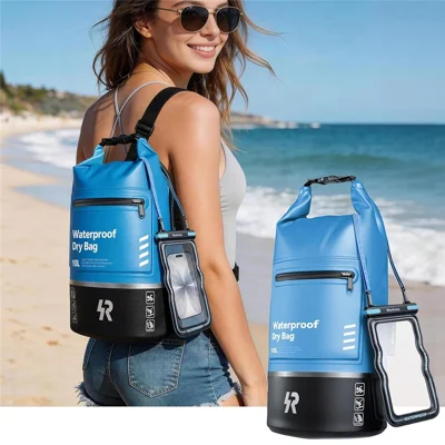 RORHXIA 10L Waterproof Dry Bag IPX8 Waterproof Reflective Safety Strips Roll-top Closure Barrel Bag with Phone Case for Hiking Outdoor -Blue