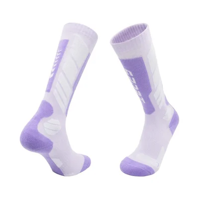 Calcetines para esquí PORFIN de alta caña, calcetines deportivos gruesos, cálidos, transpirables, con absorción de impactos y antideslizantes para exteriores - Lila claro / Lila medio