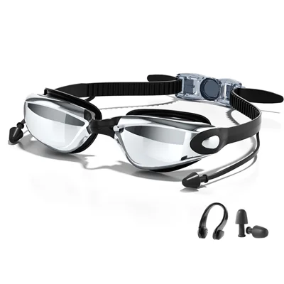 Adult Swimming Goggles with S / L Nose Bridge Nose Clip Ear Plugs Set Anti Fog Swim Glasses - Black Electroplated